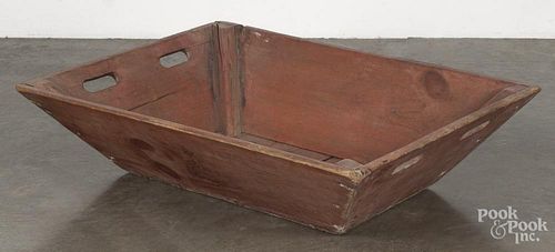 Large painted pine trough, 19th c., retaining an old red stain, 9 1/2'' h., 39 1/4'' w., 28 1/4'' d.