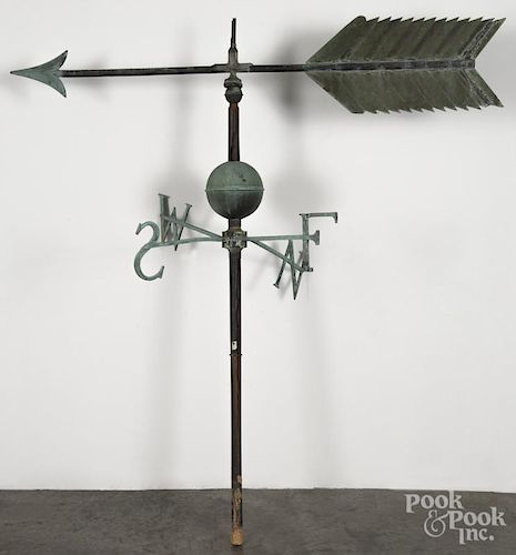 Copper arrow weathervane, 19th c., with directionals and a spire, 62'' h.