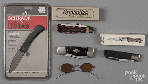 Pair of sharpshooter eyeglasses, together with four assorted pocket knives by Remington