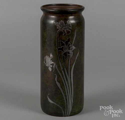 Heintz Art Nouveau sterling silver on copper vase, 12'' h.