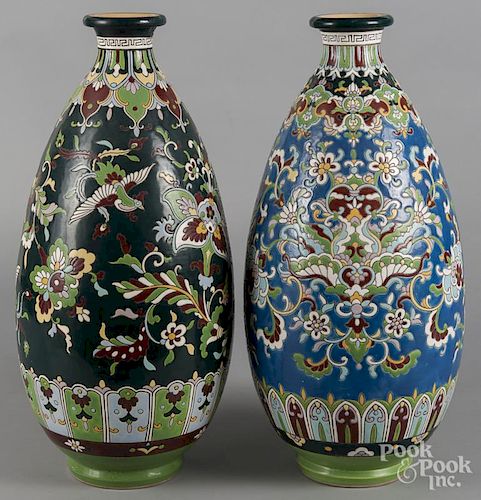 Pair of large art pottery vases, early 20th c., 23 1/2'' h.