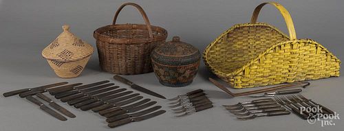 Four assorted baskets, together with wooden handle flatware.