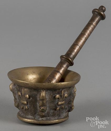 Bronze mortar and pestle, together with a Staffordshire plate.