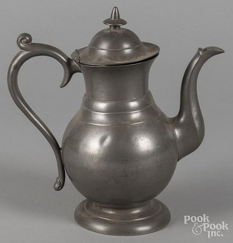 Dorchester, Massachusetts pewter coffee pot, ca. 1845, bearing the touch of Roswell Gleason