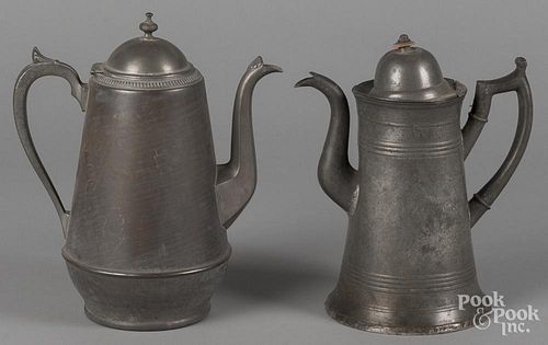 American pewter lighthouse coffee pot, 19th c., 10'' h., together with a tin coffee pot, marked J.A.