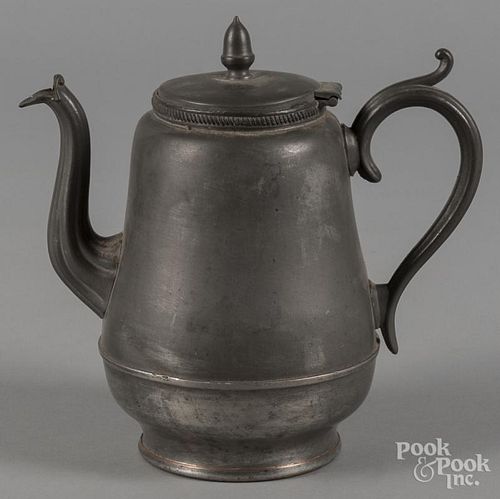 Westbrook, Maine pewter teapot, ca. 1850, bearing the touch of Rufus Dunham, 8 1/4'' h.