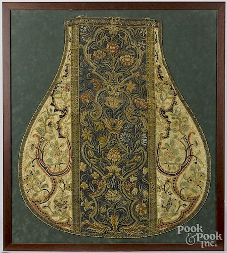 Continental silk and metallic thread embroidery, 18th c., 32'' x 28''.