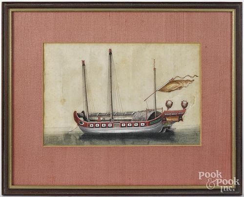 Chinese pith paper drawing of a junk, 19th c., 6 3/4'' x 10 1/4''.