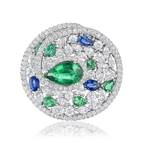 Emerald Diamond and Sapphire Ring, GCI Certified