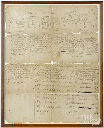 Four York County, Pennsylvania ink and watercolor indentures and land surveys from 1796, 1798, 1853