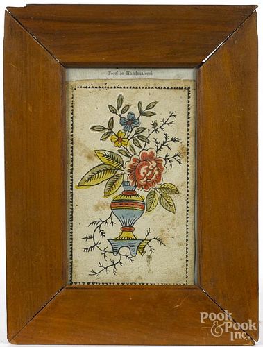 Printed and hand colored fraktur of potted flowers, 19th c., 5'' x 3''.