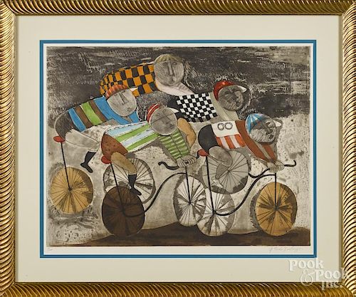 Gracielo Rodo Boulanger, signed lithograph of cyclists, 18 3/4'' x 24 3/4''.