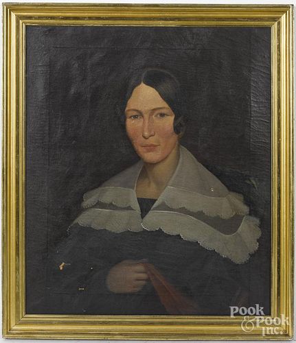 American oil on canvas portrait of a woman, 19th c., 27'' x 23''.