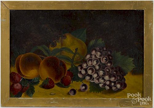 Primitive oil on canvas still life with fruit, ca. 1900, 10'' x 15''.