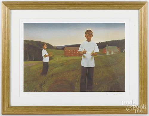 Bo Bartlett, signed lithograph of two boys catching fireflies, 16 1/4'' x 23 3/4''.