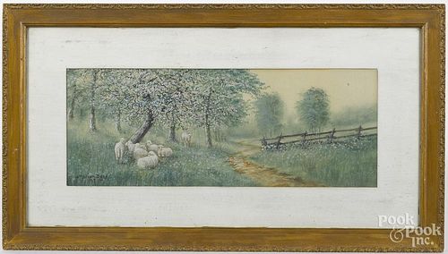 Marion Dyer (American, early 20th c.), watercolor landscape with sheep, signed lower left and dated