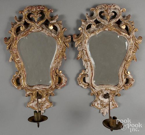 Pair of Italian giltwood mirrored sconces, 20'' h.