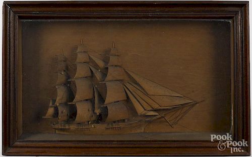 Carved pine ship diorama, late 19th c., 17 1/4'' x 27 3/4''.