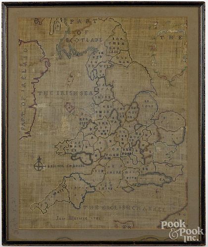 Silk on linen map of England, dated 1781, wrought by Jane Murtrie, 21'' x 16 3/4''.