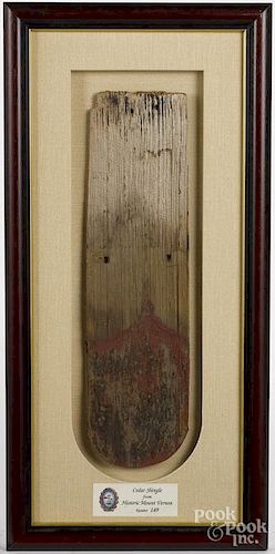 Framed cedar shingle from George Washington's Mount Vernon, put on in 1970