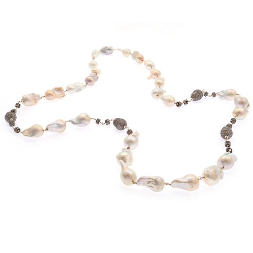 Baroque Freshwater Pearl, Diamond, Sterling Silver Necklace