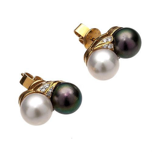 Pair of Diamond, Cultured Pearl, 18k Earrings