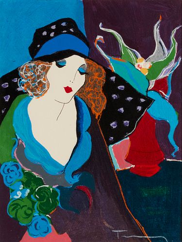 Itzchak Tarkay (1935-2012), "Demoiselle et Fleurs," Screenprint in colors on canvas, Sight: 14.625" H x 11.125" W