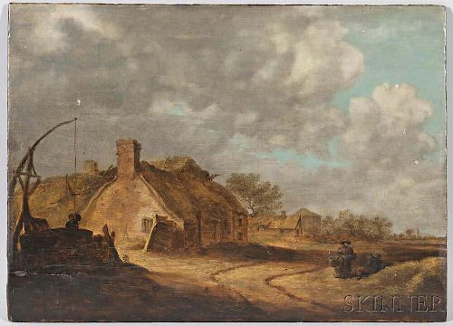 After Jan van Goyen (Dutch, 1596-1656)      Farmhouse and Well with Figures Along a Dirt Road