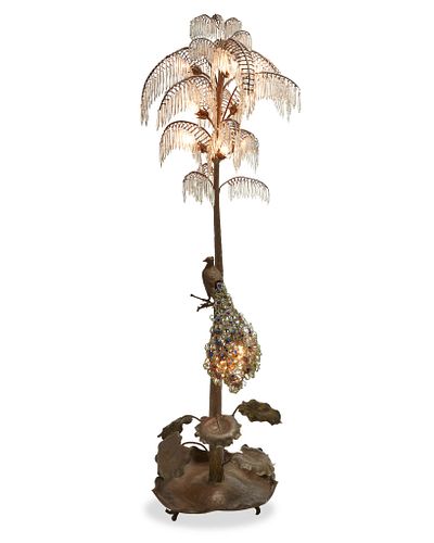 A French gilt-bronze and crystal palm tree floor lamp