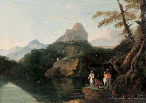 Attributed to/School of William Hodges (British, 1744-1797), Italianate Landscape with Mountains, River, Ruins, and Foregroun