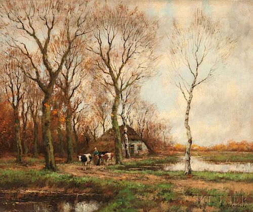 Willem Hendriks Jr. (Dutch, 1888-1966)      Peasant with Cows Beside a Thatched Cottage