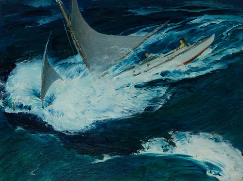 Harold von Schmidt (1893-1982), "Pitching and bucking into the seas, she made good weather of it," Oil on canvas, 30" H x 40" W