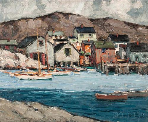 Walter Farndon (American, 1876-1964)      Harbor View with Schooners and Cottages