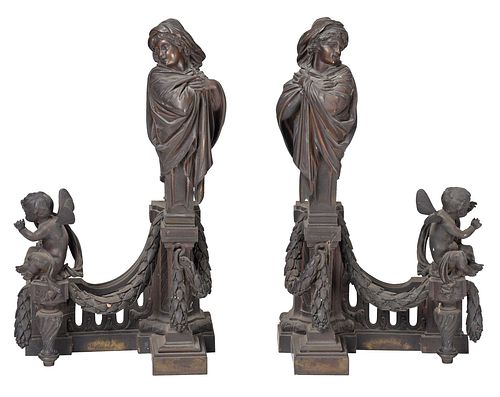 Pair of Neoclassical Style Patinated Bronze Figural Andirons
