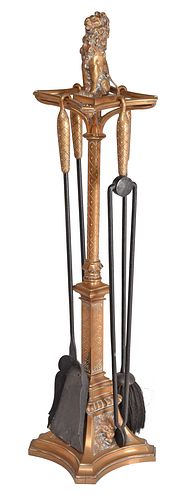 Set of Four Bronze and Iron Fire Tools with Stand