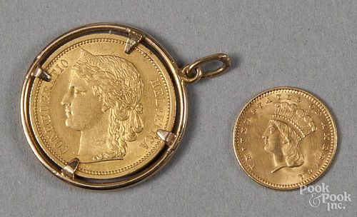 Helvetica 20 Franc gold coin pendant, 1883, together with a US one dollar gold coin, 1874.
