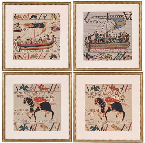 Four Framed Needlework Panels After the Bayeux Tapestry
