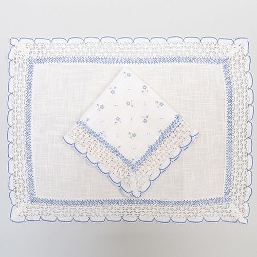 Set of Eight Austrian White and Blue Linen and Cotton Lace Napkins and Placemats