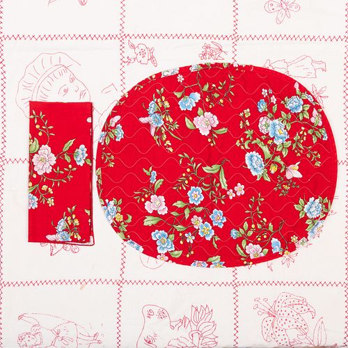 Group of Twelve Floral Quilted Placemats and Matching Napkins together with a Red and White Embroidered Tablecloth