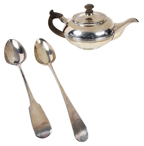 English Silver Teapot and Two Stuffing Spoons, One Bateman