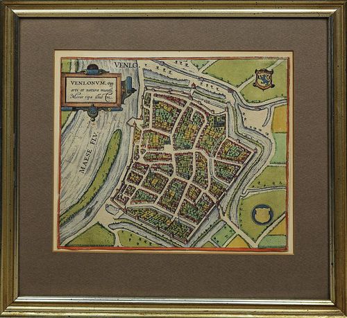 Three Antique Colored City Views, Deventer, Venlo and Maison de Ville, Lyon