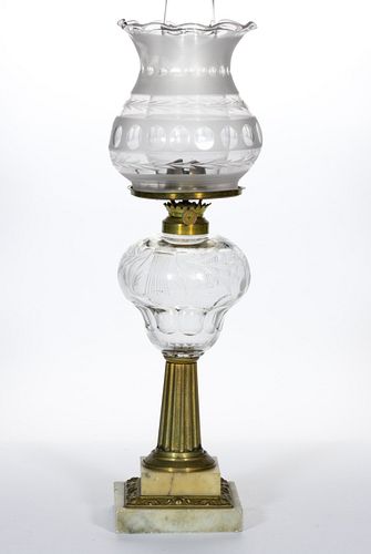 CUT AND ENGRAVED LYRE FONT KEROSENE STAND LAMP