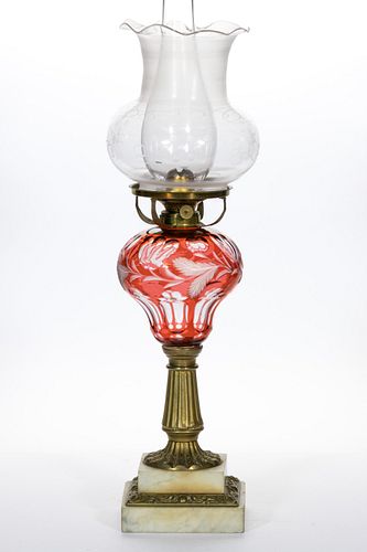 CUT-OVERLAY AND ENGRAVED FLORAL KEROSENE STAND LAMP