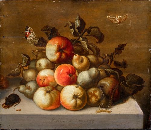STILL LIFE OF FRUIT AND INSECTS OIL PAINTING
