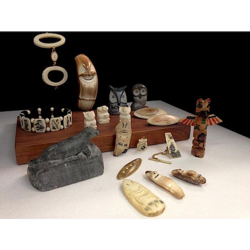 Alaskan Carved Stone and Walrus Ivory Souvenirs