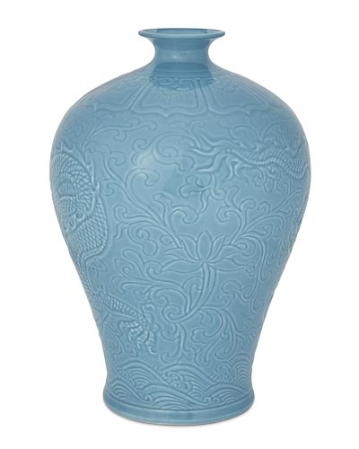 A Chinese cerulean glazed porcelain meiping vase