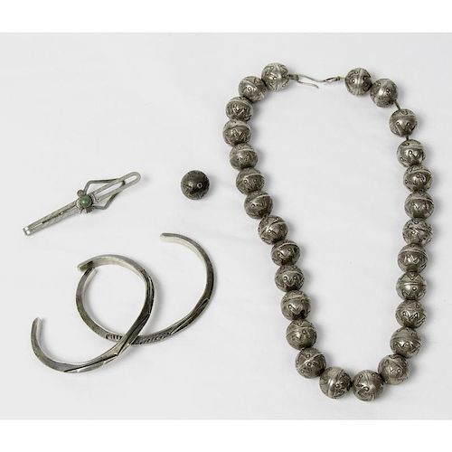 Navajo Silver Pearl Necklace with Two Silver Cuffs and Tie Clip