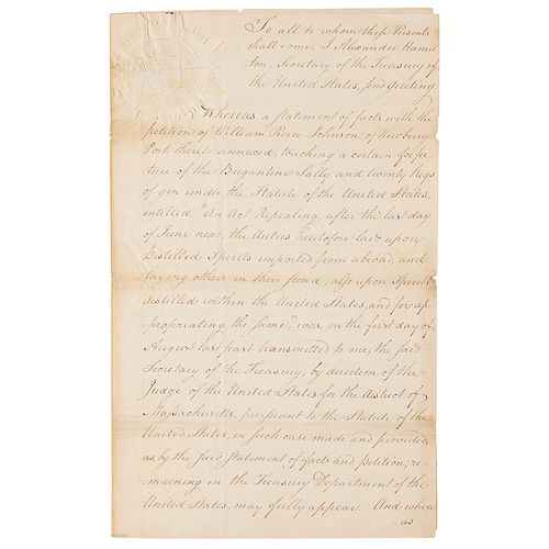 Alexander Hamilton Signed Document on the Import of Distilled Spirits (1792)