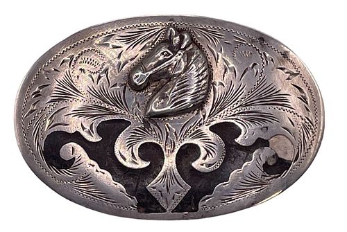Vintage Southwestern Sterling Silver Horse Head Belt Buckle 