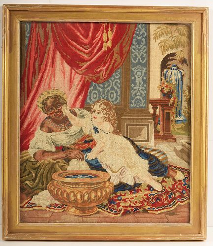 19thC Needlepoint Picture Royal Child with Servant